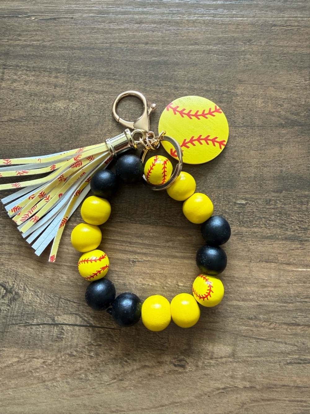 Yellow & Black Softball Bead Keyring Wristlet